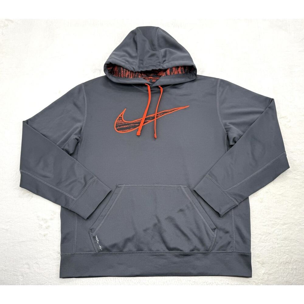 Nike Therma-FIT Hoodie Mens Gray Orange Embroidered Swoosh Pullover Size Large